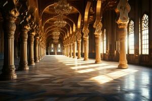 ai gerado nascer do sol fundição uma dourado brilho em a arcos do uma lindo mesquita, eid e Ramadã imagens foto