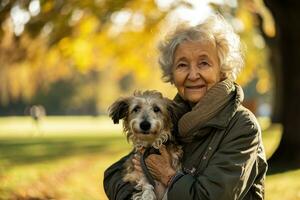 ai gerado uma Senior mulher com dela cachorro desfrutando parque, animal foto