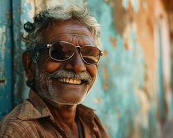 ai gerado sorridente Senior dentro à moda oculos de sol, feliz ativo idosos imagens foto