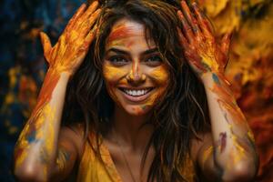 ai gerado feliz mulher adornado com pintado mãos, holi festival imagem baixar foto