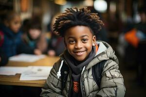 ai gerado aluna goza Sala de aula Tempo esportivo uma alegre sorriso, educacional cenário foto