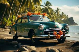 ai gerado velho carro com pranchas de surf pegando ondas em a litoral, verão panorama imagem foto