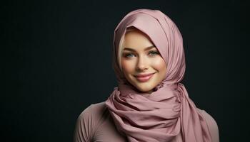 ai gerado retrato do uma sorridente mulher dentro hijab contra uma silenciado cinzento pano de fundo, eid e Ramadã imagens foto