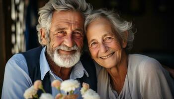 ai gerado envelhecido casal abraçando sorrisos dentro vivo sala, imagens do Senior cidadãos foto