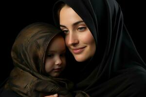 ai gerado uma muçulmano mulher detém dela criança fechar com afeição, eid e Ramadã imagens foto