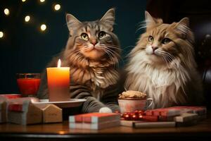 ai gerado casal ações peludo companheiro presentes dentro a calor do uma acolhedor animal cafeteria, noivado, Casamento e aniversário imagem foto