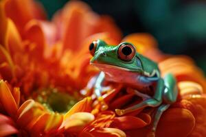 ai gerado uma fofa verde rã sentado em flor, animal fotografia foto