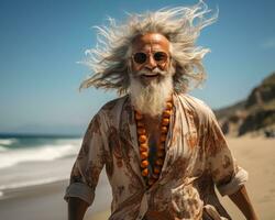 ai gerado idosos homem desfrutando uma de praia andar dentro verão, ativo idosos estilo de vida imagens foto