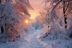 ai gerado Nevado nascer do sol floresta desperta para alvorecer primeiro luz, nascer do sol e pôr do sol papel de parede foto