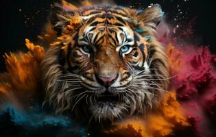 ai gerado tigre impressionante tons contra Sombrio fundo, holi festival imagem baixar foto