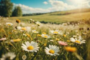 ai gerado uma lindo, ensolarada Primavera verão Prado. foto