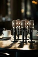 ai gerado microfones emparelhado com café copos para a criativo alma, o negócio encontro imagem foto