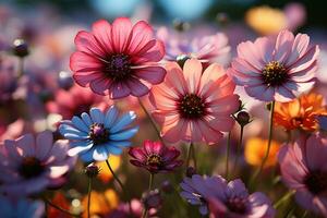 ai gerado vibrante flores silvestres dentro iluminado pelo sol Prado, terra amigáveis imagens foto