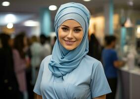 ai gerado dedicada muçulmano enfermeira irradia alegria com cruzado braços e uma sorriso, eid e Ramadã imagens foto