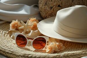 ai gerado sunnies chapéu oculos de sol e estrelas do mar em mostrar, relaxante verão cena foto