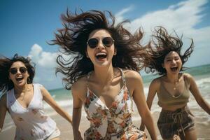 ai gerado três jovem meninas alegremente pulando dentro a areia, verão panorama imagem foto