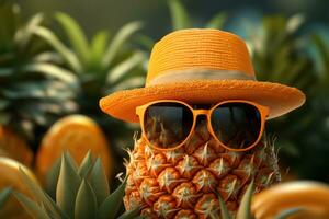 ai gerado chapéu oculos de sol laranja e abacaxi dentro vibrante harmonia, verão estação natureza imagem foto