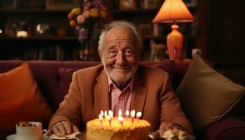 ai gerado velho homem desfrutando bolo dentro paz, imagens do Senior cidadãos foto
