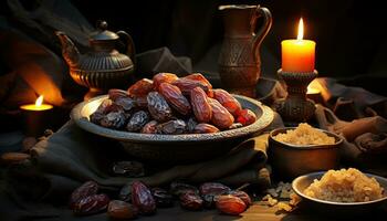 ai gerado seco datas emparelhado com a riqueza do Castanho açúcar, eid e Ramadã imagens foto
