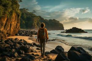 ai gerado aventureiro explorador caminhada a rochoso caminho de a praia, lindo verão foto
