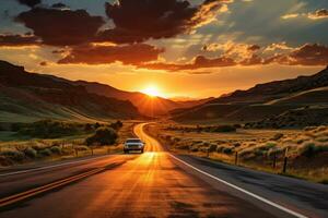 ai gerado pôr do sol caloroso abraço em rural paisagem, nascer do sol e pôr do sol papel de parede foto