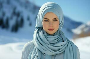 ai gerado sereno elegância retratado de uma jovem mulher dentro uma à moda azul hijab, eid e Ramadã imagens foto