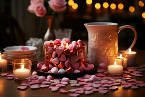 ai gerado coração chocolates Como peça central dentro uma romântico luz de velas jantar, noivado, Casamento e aniversário imagem foto