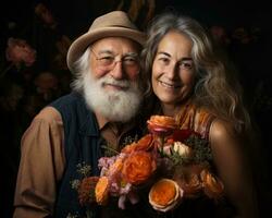 ai gerado idosos duo segurando flor sorridente às Câmera, imagens do Senior cidadãos foto