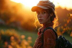 ai gerado jovem mulher com chapéu e mochila anda em às pôr do sol foto