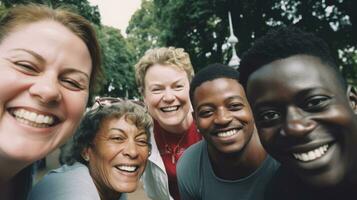 ai gerado grupo do turista amigos em uma natureza viagem. generativo ai foto