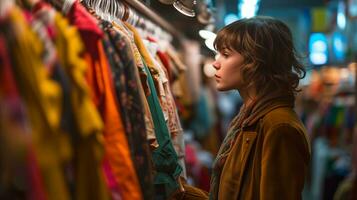 ai gerado uma mulher navegando através prateleiras do colorida roupas dentro uma movimentado compras Shopping foto