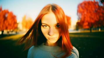 ai gerado jovem desportivo mulher caminhando dentro a parque. generativo ai foto