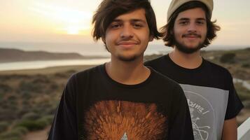 ai gerado grupo do feliz masculino amigos em pé em a de praia. generativo ai foto