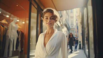 ai gerado à moda mulher posando dentro frente do uma boutique roupas fazer compras. generativo ai foto