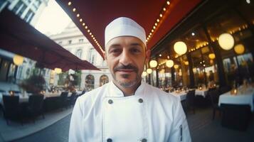 ai gerado chefe de cozinha em pé em a rua dentro frente do uma restaurante. generativo ai foto