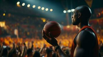 ai gerado uma basquetebol jogador segurando uma basquetebol dentro dele mão foto