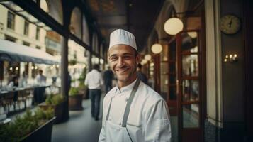 ai gerado chefe de cozinha em pé em a rua dentro frente do uma restaurante. generativo ai foto