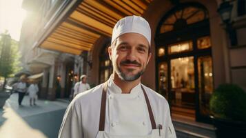 ai gerado chefe de cozinha em pé em a rua dentro frente do uma restaurante. generativo ai foto