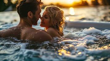 ai gerado jovem casal desfrutando uma piscina foto