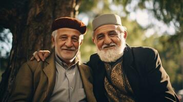 ai gerado dois idosos homens vestido dentro tradicional roupas. generativo ai foto