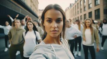 ai gerado dançarino meninas em uma rua com histórico edifícios. generativo ai foto