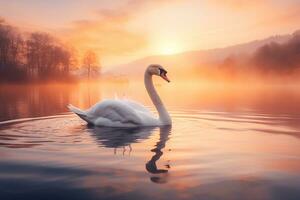 ai gerado cisne flutuando em a água às pôr do sol do a dia foto