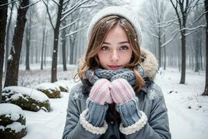 ai gerado fofa menina vestindo acolhedor neve temático roupa, digital arte ilustração, generativo ai foto