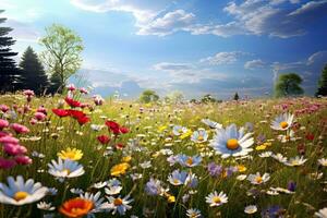 ai gerado verão Prado com selvagem flores e azul céu com branco nuvens, ai gerado foto