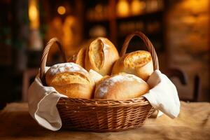 ai gerado cesta com fresco pão em de madeira mesa dentro padaria, fechar-se, uma cesta do fresco cozido pão dentro uma rústico padaria, ai gerado foto