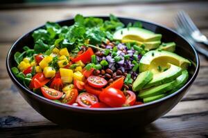 ai gerado saudável salada com abacate, tomates, milho, Rúcula e feijões, uma tigela do colorida salada carregado com uma variedade do legumes, ai gerado foto