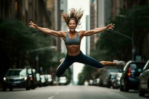 ai gerado lindo desportivo mulher pulando dentro a cidade ruas. ginástica e saudável estilo de vida, uma ginástica menina pulando em a rua com braços esticado fora, exibindo detalhado músculos, ai gerado foto