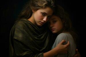 ai gerado retrato do dois lindo jovem mulheres abraçando cada de outros dentro a escuro, uma jovem amoroso mãe abraçando dela Adolescência filha, ai gerado foto