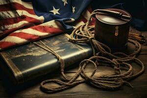 ai gerado vintage americano independência dia fundo, americano bandeira e corda em Tesouro mapa em a mesa para colombo dia, ai gerado foto