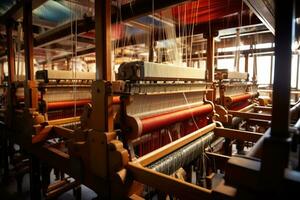 ai gerado tecelagem tear dentro uma tradicional têxtil fábrica dentro sul Coréia, tear, Produção do tópicos e têxteis, ai gerado foto